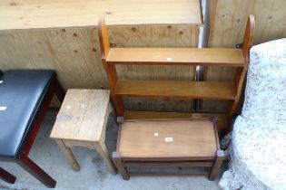 A PINE STOOL, OAK WALL RACK AND SMALL TEAK OCCASIONAL TABLE