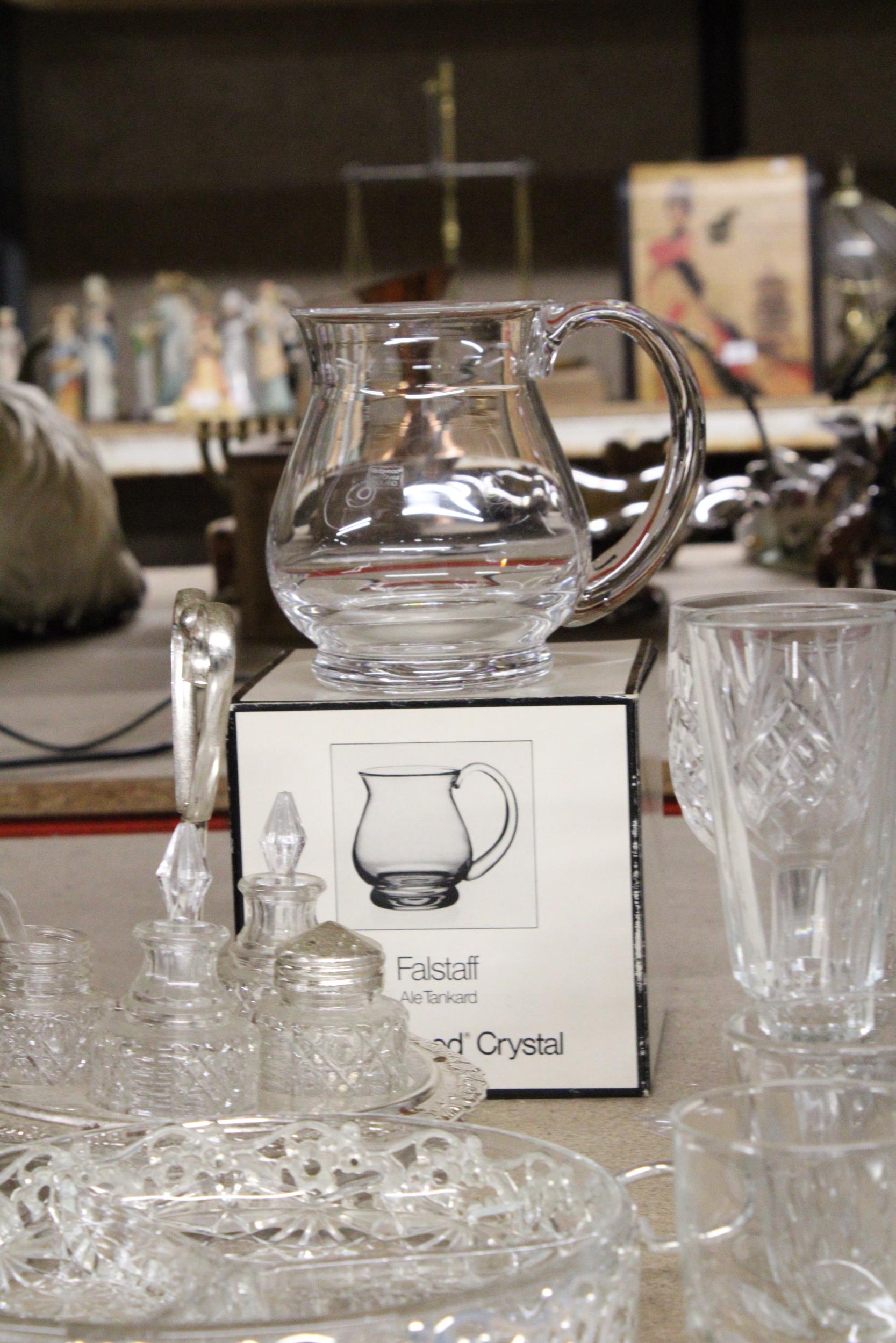A QUANTITY OF GLASSWARE TO INCLUDE A SILVER PLATED STAND WITH CONDIMENTS, A BOXED WEDGWOOD ' - Image 2 of 6