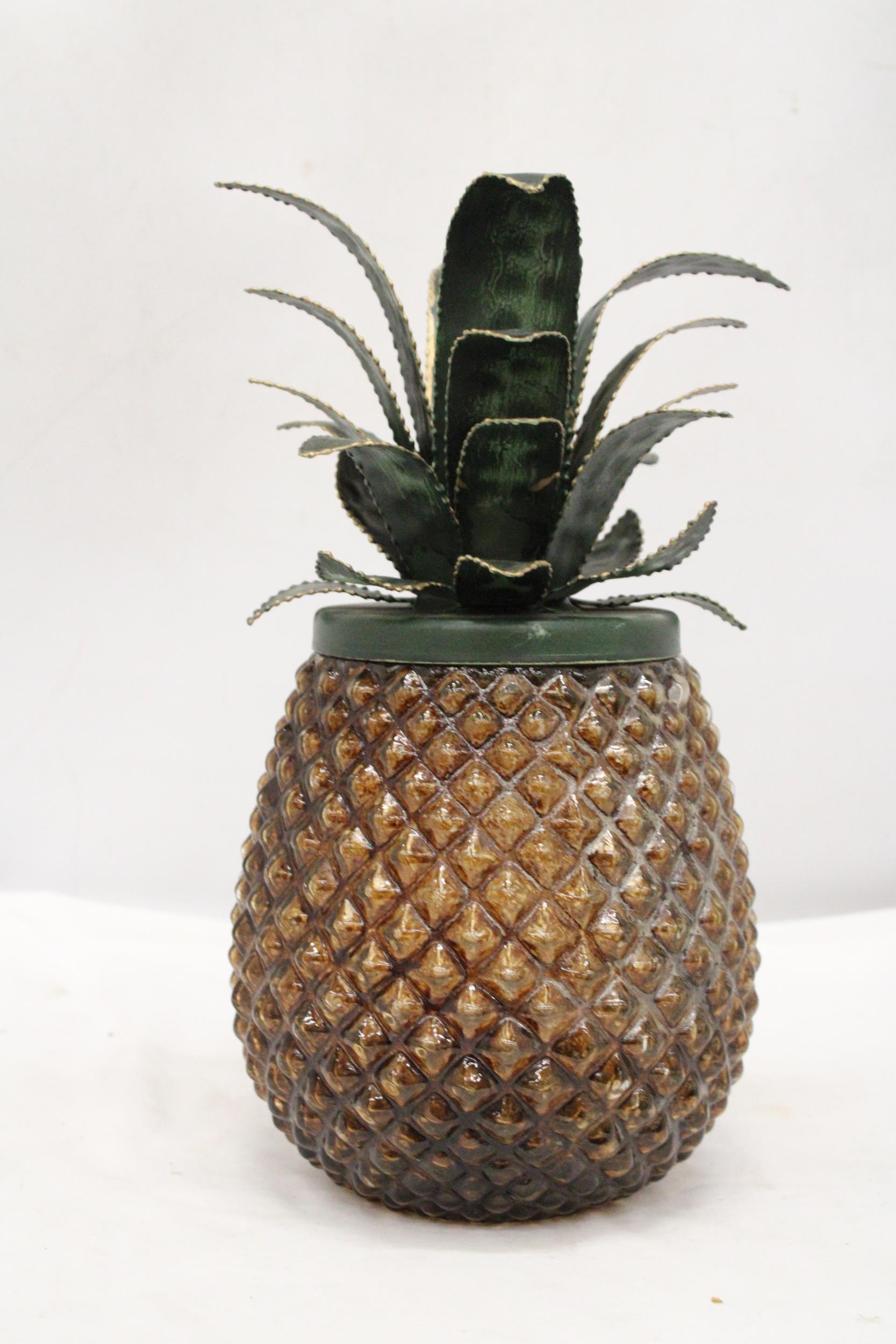 A 1960'S, CHUNKY GLASS ICE BUCKET WITH METAL PINEAPPLE LEAVES, HEIGHT 32CM - Image 2 of 4