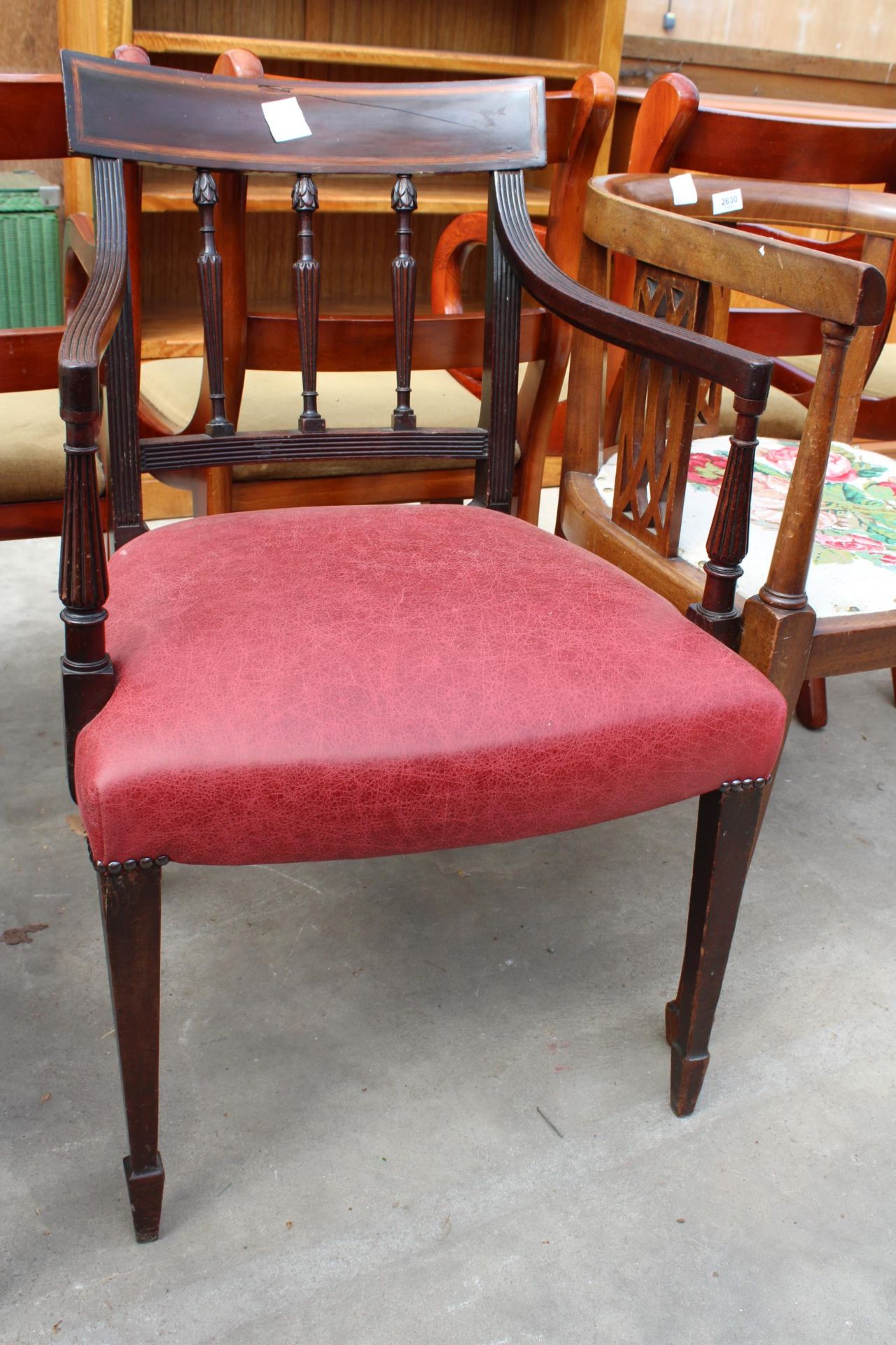 AN EDWARDIAN MAHOGANY AND INLAID TUB CHAIR AND 19TH CENTURY MAHOGANY ELBOW CHAIR - Image 3 of 3
