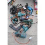 AN ASSORTMENT OF POWER TOOLS TO INCLUDE A BLACK AND DECKER SANDER, A BOSCH SANDER, DRILLS AND A WOOD