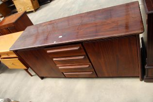 A RETRO HARDWOOD SIDEBOARD ENCLOSING 4 DRAWERS, 2 CUPBOARDS, 63" WIDE