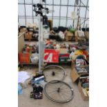 AN ASSORTMENT OF BIKE ITEMS TO INCLUDE A PAIR OF CARRERA RX BIKE WHEELS, TOOLS AND A BIKE RACK ETC