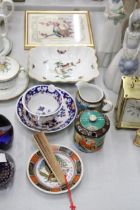 A MIXED LOT TO INCLUDE AN ORIENTAL STLE EMBROIDERED PICTURE, A GILT EDGED BOWL WITH BIRD DECORATION,
