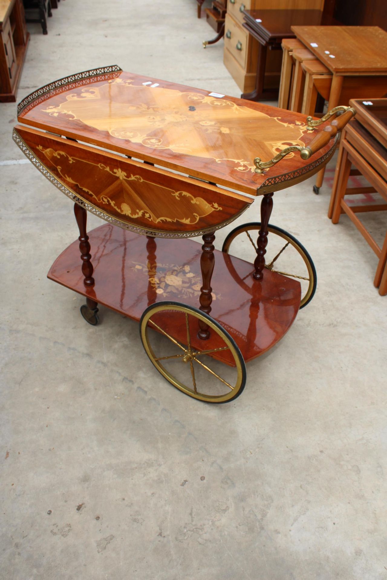 AN ITALIAN MARQUETRY TWO TIER DROP-LEAF TROLLEY WITH PIERCED BRASS GALLERY - Image 2 of 6