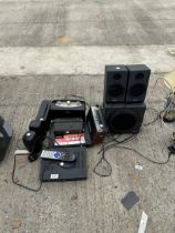 AN ASSORTMENT OF ITEMS TO INCLUDE SPEAKERS AND RADIOS ETC