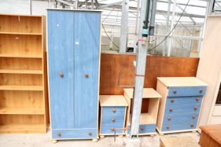 A MODERN TWO DOOR WARDROBE, CHEST OF DRAWERS AND TWO BEDSIDES
