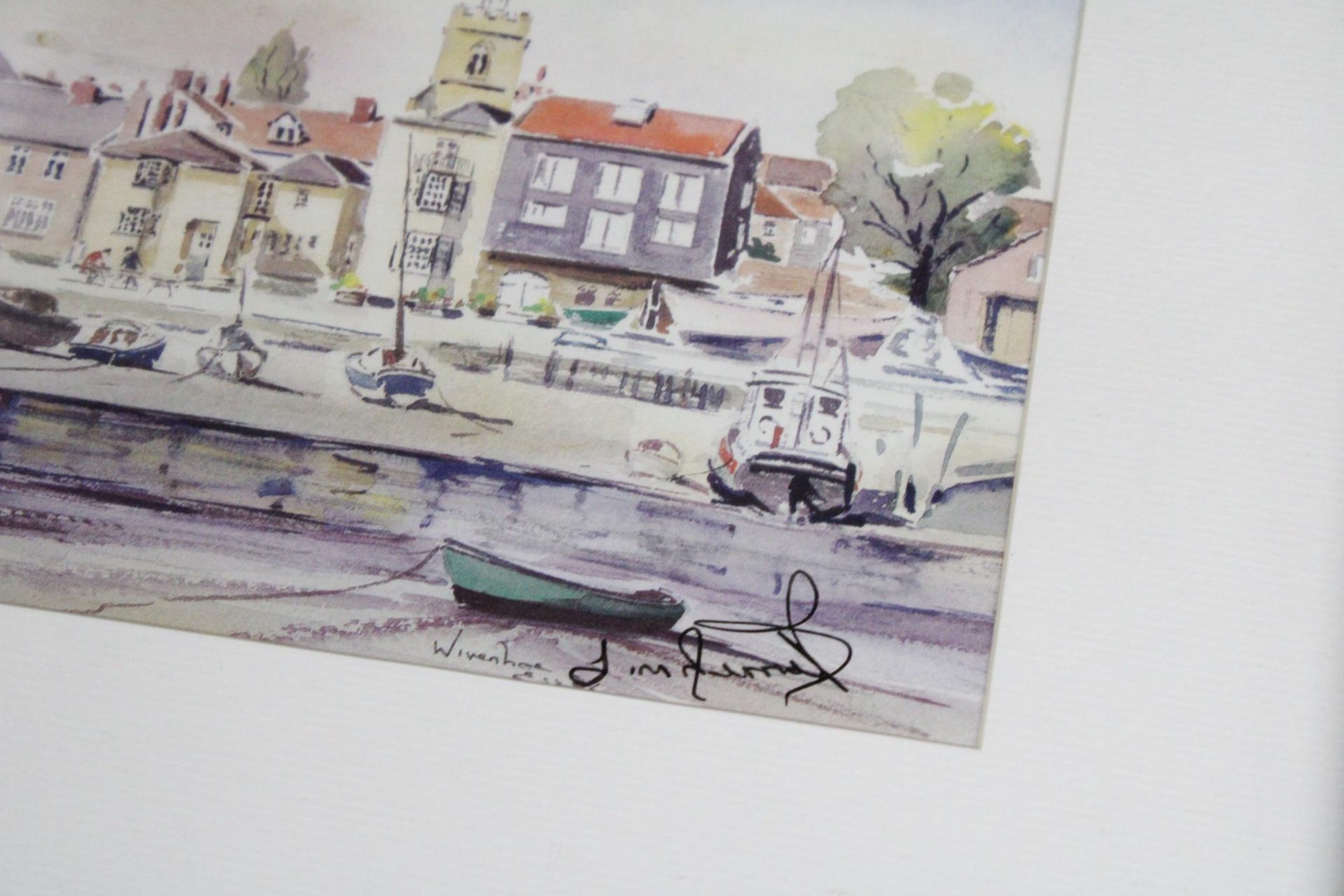 TWO FRAMED WATERCOLOURS ONE OF A BOATING SCENE AND THE OTHER A TOWN SCENE BOTH WITH SIGNATURES - Image 5 of 5