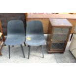 A PAIR OF PLASTIC DINING CHAIRS AND A HI-FI CABINET