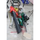 AN ASSORTMENT OF TOOLS TO INCLUDE AN ELECTRIC POWER DEVIL LEAF BLOWER, A SLEDGE HAMMER AND A