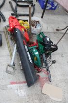 AN ASSORTMENT OF TOOLS TO INCLUDE AN ELECTRIC POWER DEVIL LEAF BLOWER, A SLEDGE HAMMER AND A