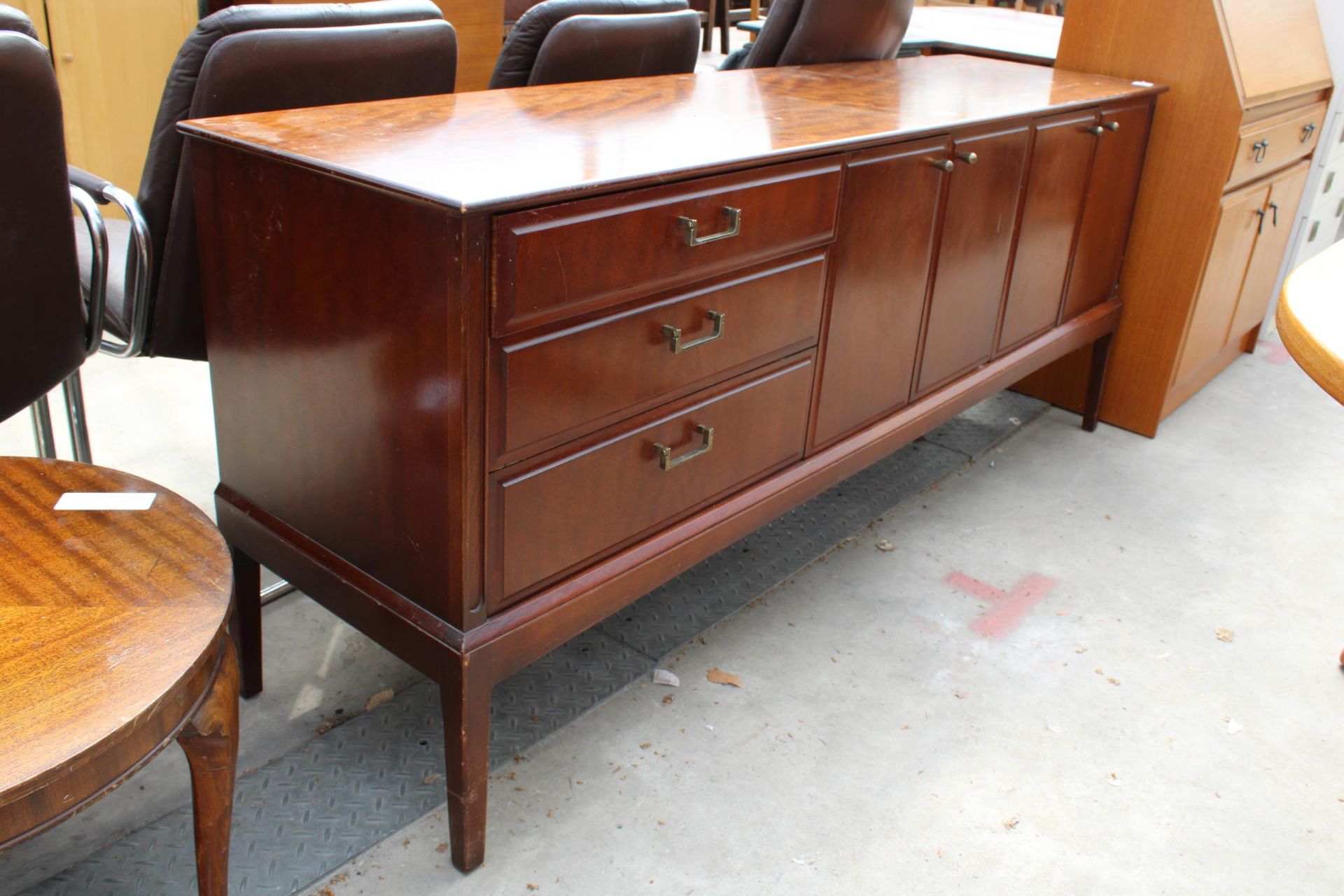 A RETRO BEITHCRAFT HARDWOOD SIDEBOARD ENCLOSING THREE DRAWERS AND FOUR CUPBOARDS, 72" WIDE - Image 2 of 4