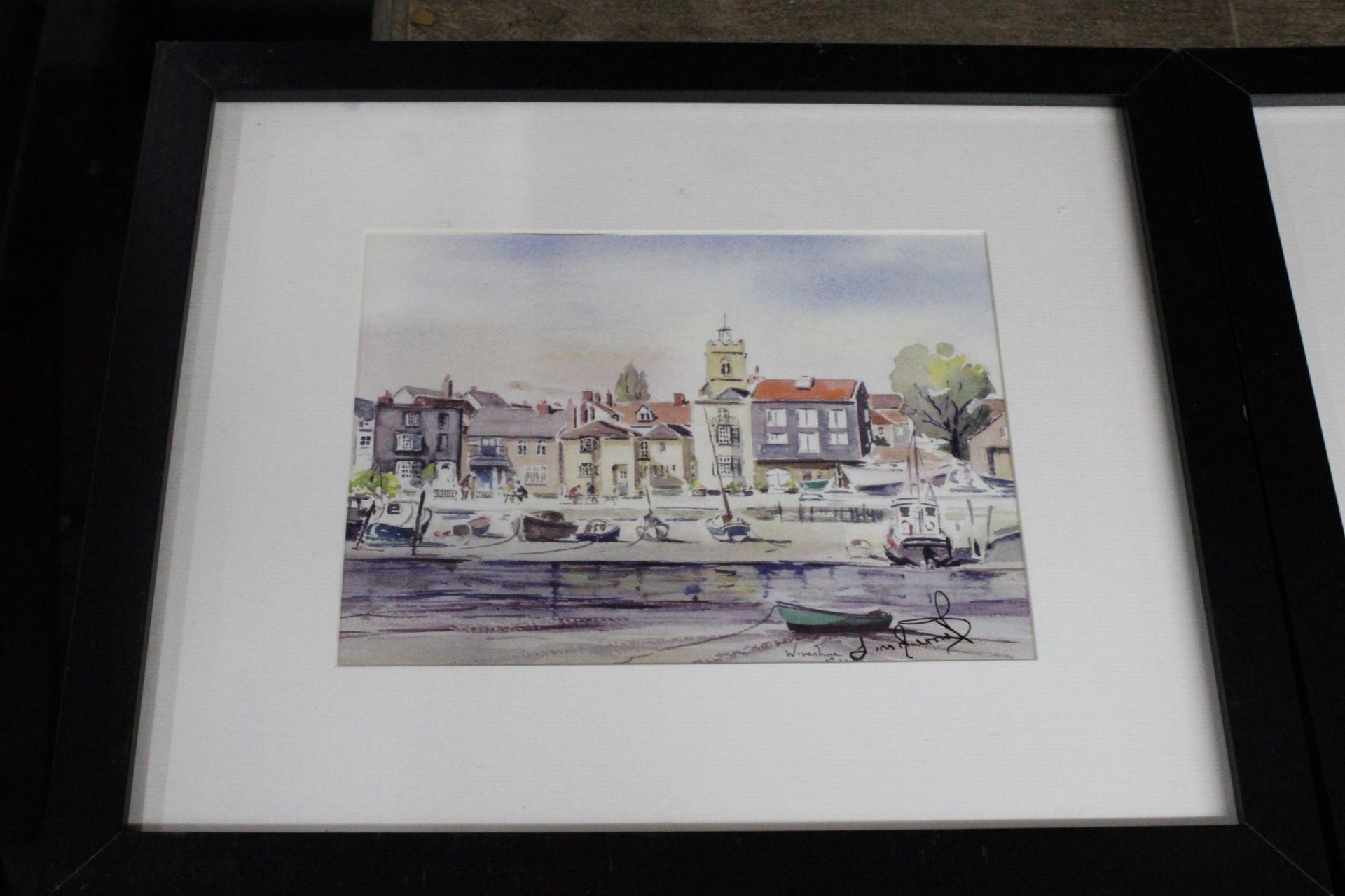 TWO FRAMED WATERCOLOURS ONE OF A BOATING SCENE AND THE OTHER A TOWN SCENE BOTH WITH SIGNATURES - Image 2 of 5