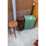 A LLOYD LOOM LINEN BOX, SMALL MAHOGANY AND SHELL INLAID CORNER CUPBOARD AND BEECH STOOL