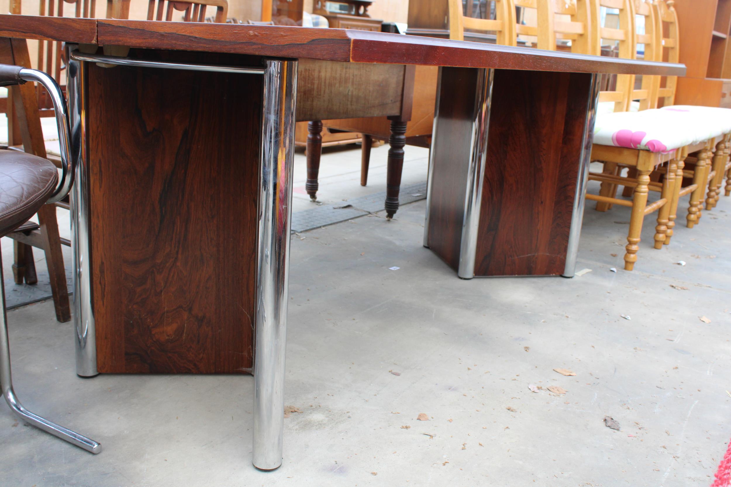A RETRO HARDWOOD CONSOLE/DINING TABLE BY PIEFF WITH HINGED LID WITH CHROME MOUNTS, 71" X 35" - Image 3 of 4