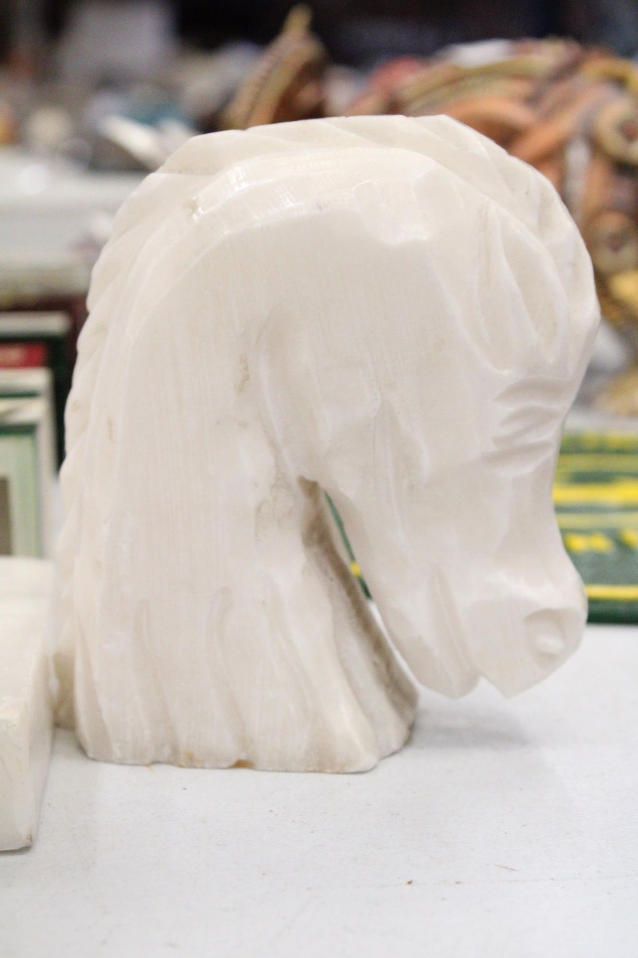 A PAIR OF ALABASTER HORSES HEADS, HEIGHT 12CM, A TILE, PLUS A BUST OF AN EGYPTIAN GOD - Image 4 of 6