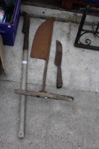 A VINTAGE HAY KNIFE AND TWO BILL HOOKS