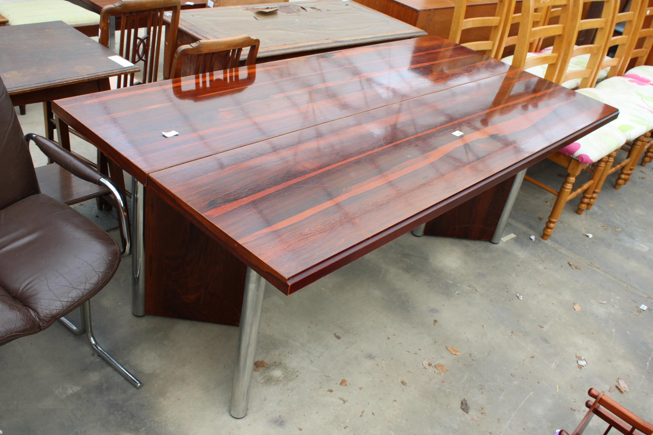 A RETRO HARDWOOD CONSOLE/DINING TABLE BY PIEFF WITH HINGED LID WITH CHROME MOUNTS, 71" X 35" - Image 2 of 4