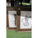TWO LIMITED EDITION, SIGNED, PEN AND INK FRAMED PRINTS, TO INCLUDE 'DUBAI COFFEE POT' AND 'DHOWS