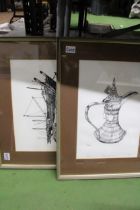 TWO LIMITED EDITION, SIGNED, PEN AND INK FRAMED PRINTS, TO INCLUDE 'DUBAI COFFEE POT' AND 'DHOWS