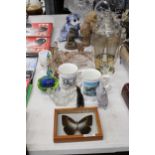 A QUANTITY OF ITEMS TO INCLUDE A GLASS DRESSING TABLE SET, DEMI JOHN, GLASSES, BOWLS, A CAT