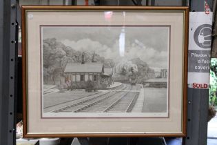 A FRAMED FURNESS ABBEY STATION LIMITED EDITION PRINT 110/500 BY JOHN S GIBB - 29 x 23 INCH