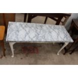 A WHITE PAINTED COFFEE TABLE WITH MARBLE EFFECT TOP