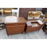 A RETRO LEBUS OAK CHEST OF FOUR DRAWERS, 31" WIDE, AND MATCHING DRESSING CHEST, 37" WIDE