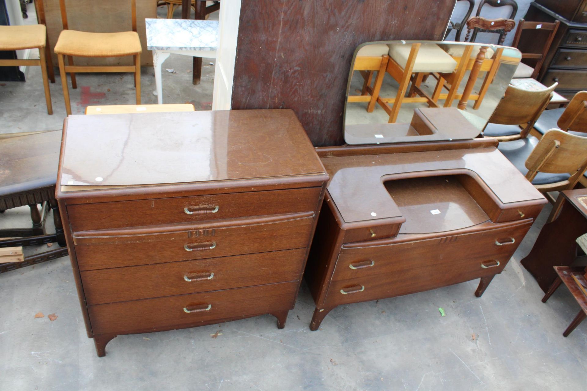 A RETRO LEBUS OAK CHEST OF FOUR DRAWERS, 31" WIDE, AND MATCHING DRESSING CHEST, 37" WIDE