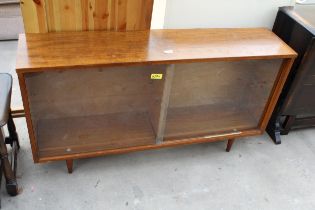 A RETRO TEAK BOOKCASE WITH GLASS SLIDING DOORS, 48" WIDE