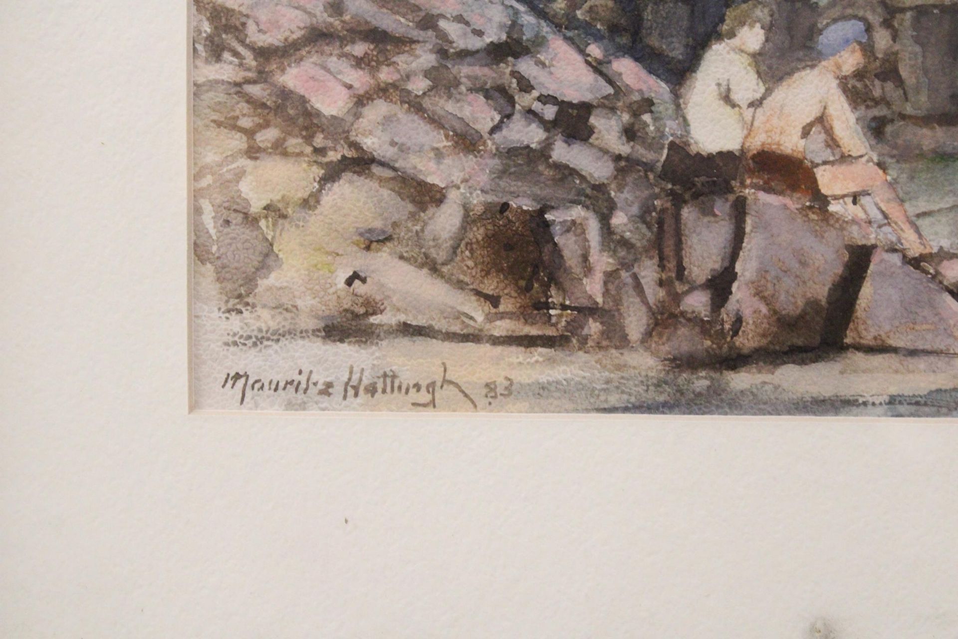 A WATERCOLOUR OF TWO BOYS FISHING, SIGNED MAURITZ HATTING, '83, 37CM X 30CM - Image 3 of 4