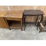 AN EDWARDIAN CENTRE TABLE AND AN OAK TWO TIER TABLE