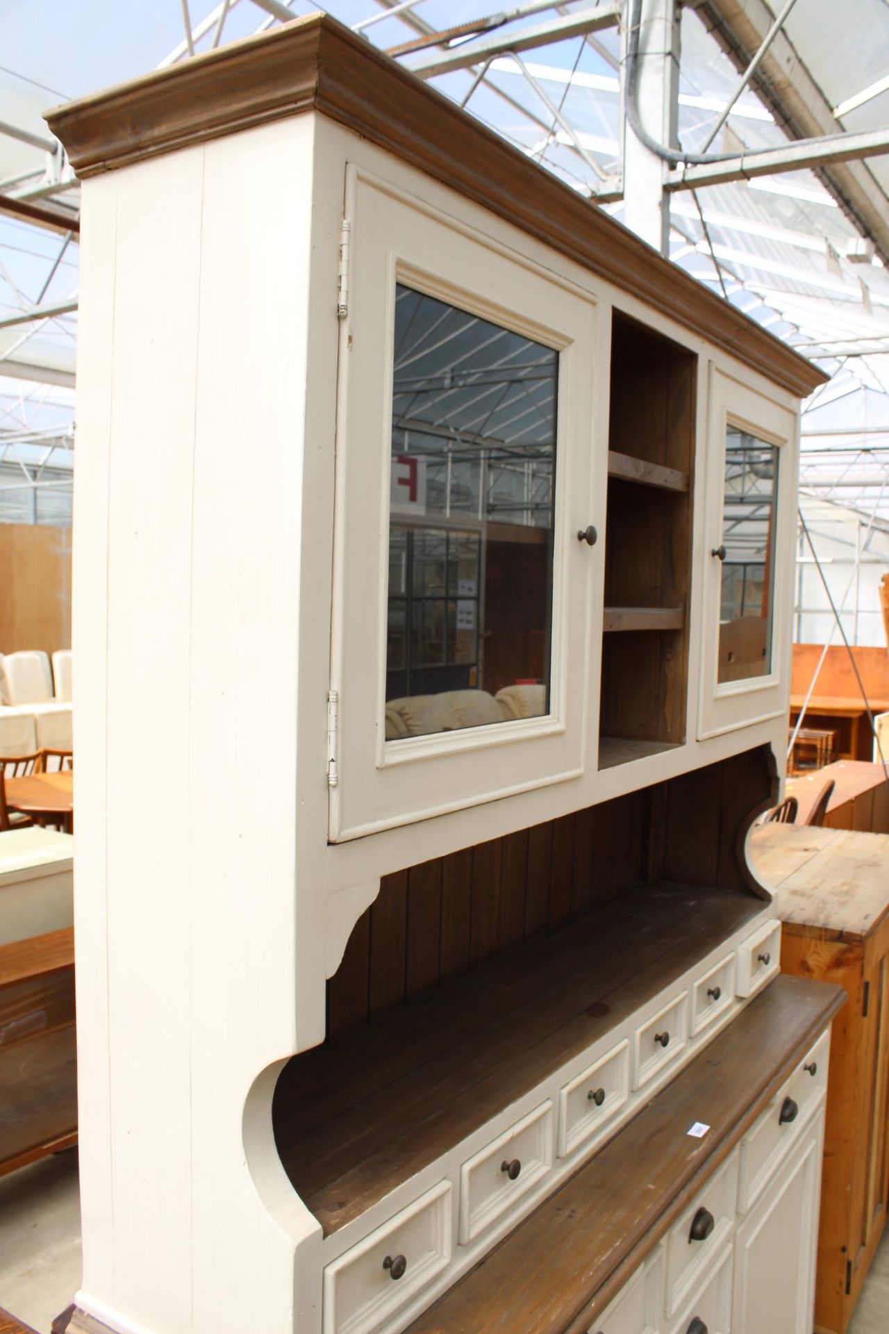 A MODERN PAINTED DRESSER, THE UPPER PORTION ENCLOSING TWO GLAZED CUPBOARDS AND SIX SPICE DRAWERS, - Image 2 of 7