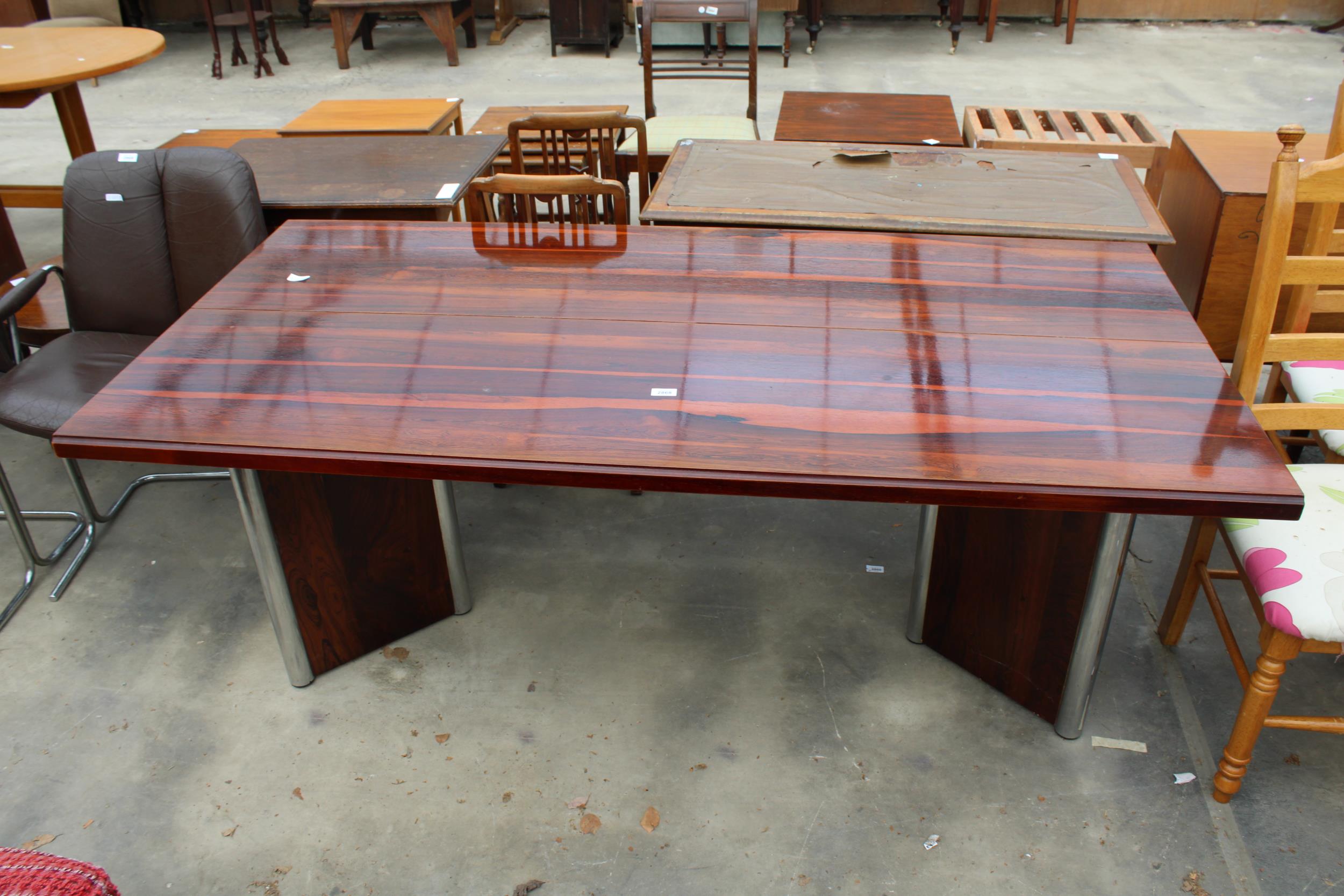 A RETRO HARDWOOD CONSOLE/DINING TABLE BY PIEFF WITH HINGED LID WITH CHROME MOUNTS, 71" X 35"