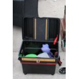 A POLYBOX FISHING TACKLE BOX WITH AN ASSORTMENT OF FISHING TACKLE TO INCLUDE A REEL AND BAIT BOXES