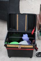 A POLYBOX FISHING TACKLE BOX WITH AN ASSORTMENT OF FISHING TACKLE TO INCLUDE A REEL AND BAIT BOXES