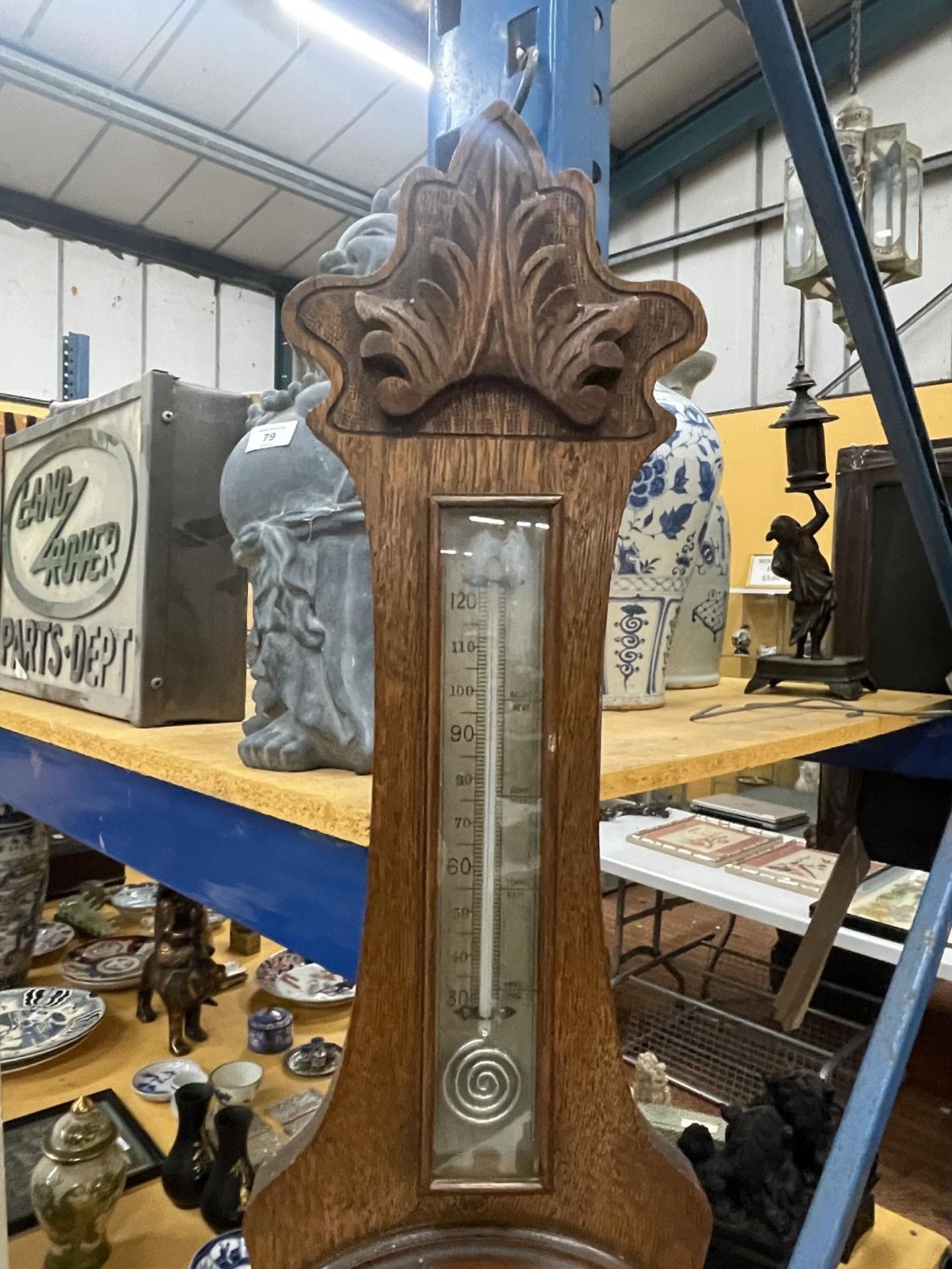 A VINTAGE CARVED BAROMETER WITH A CASED THERMOMETER - Image 3 of 8