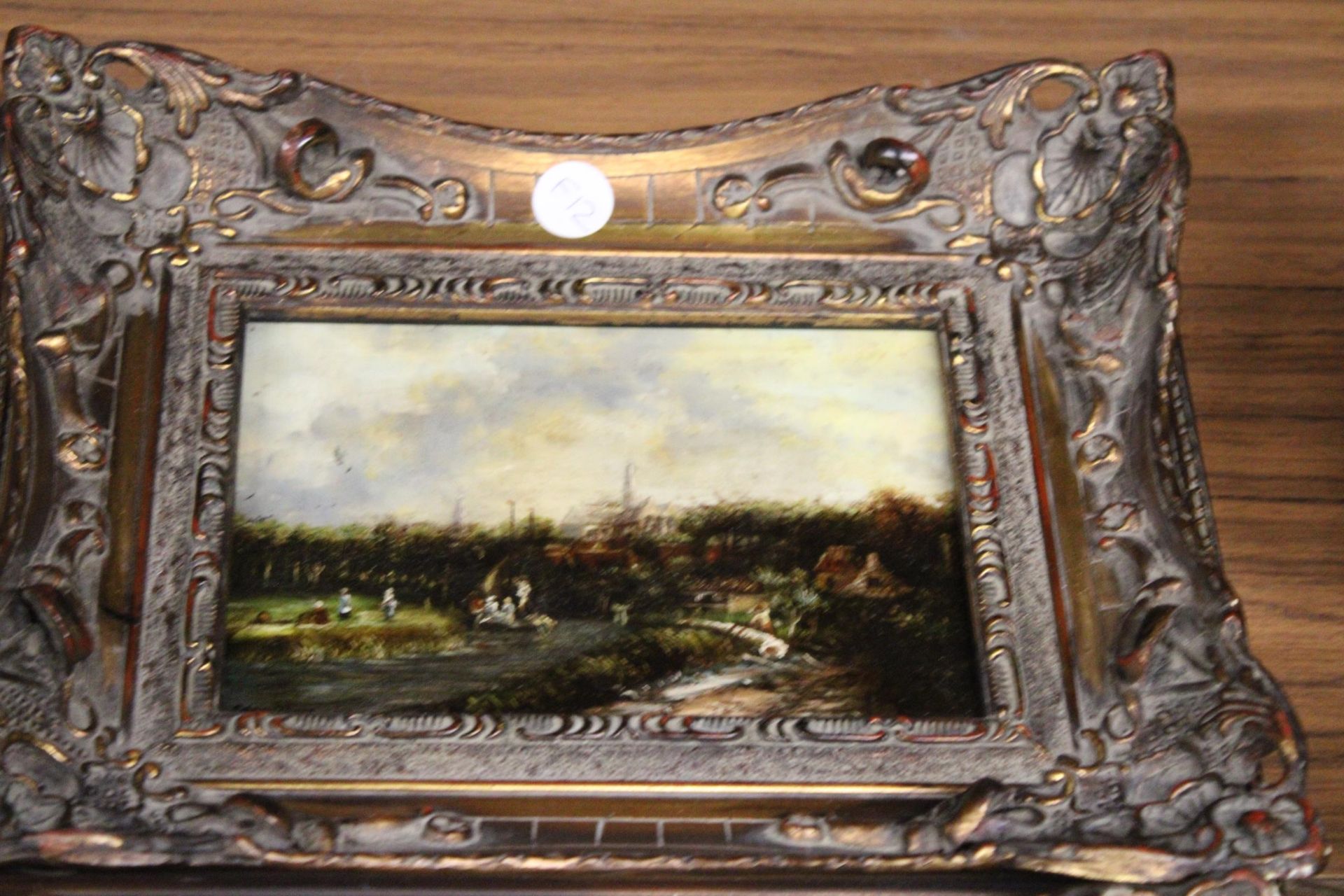 THREE VINTAGE OVER PAINTED PRINTS OF COUNTRYSIDE SCENES, IN ORNATE GILT FRAMES - Image 4 of 4