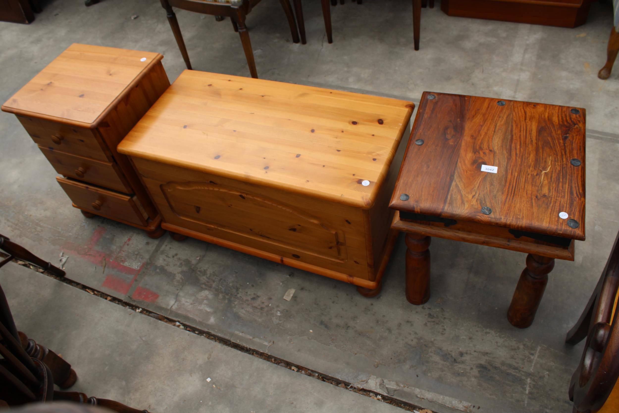 A HARDWOOD LAMP TABLE, MODERN PINE BLANKET CHEST AND THREE DRAWER BEDSIDE CHEST