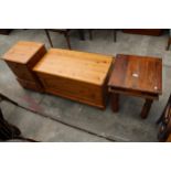 A HARDWOOD LAMP TABLE, MODERN PINE BLANKET CHEST AND THREE DRAWER BEDSIDE CHEST
