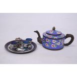 A SMALL FLORAL CHINESE CLOISONNE ENAMEL TEAPOT WITH ELEPHANT SPOUT AND SNAKE HANDLE TOGETHER WITH