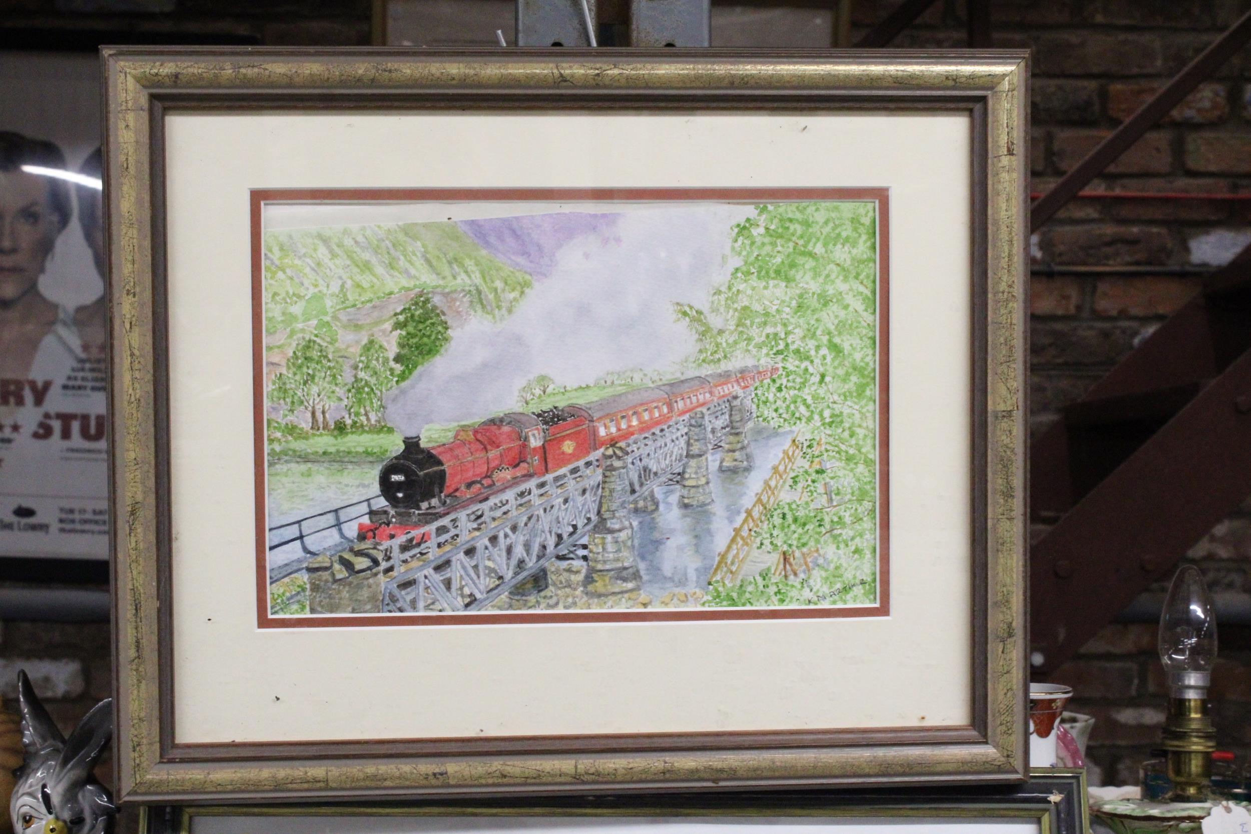 A 1949 WATERCOLOUR, 'RIVER CROSSING BY STEAM', SIGNED K M ARTHUR, 44CM X 36CM