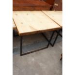 A RUSTIC FOUR PLANK TABLE, 35" SQUARE ON METAL LEGS