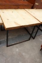 A RUSTIC FOUR PLANK TABLE, 35" SQUARE ON METAL LEGS