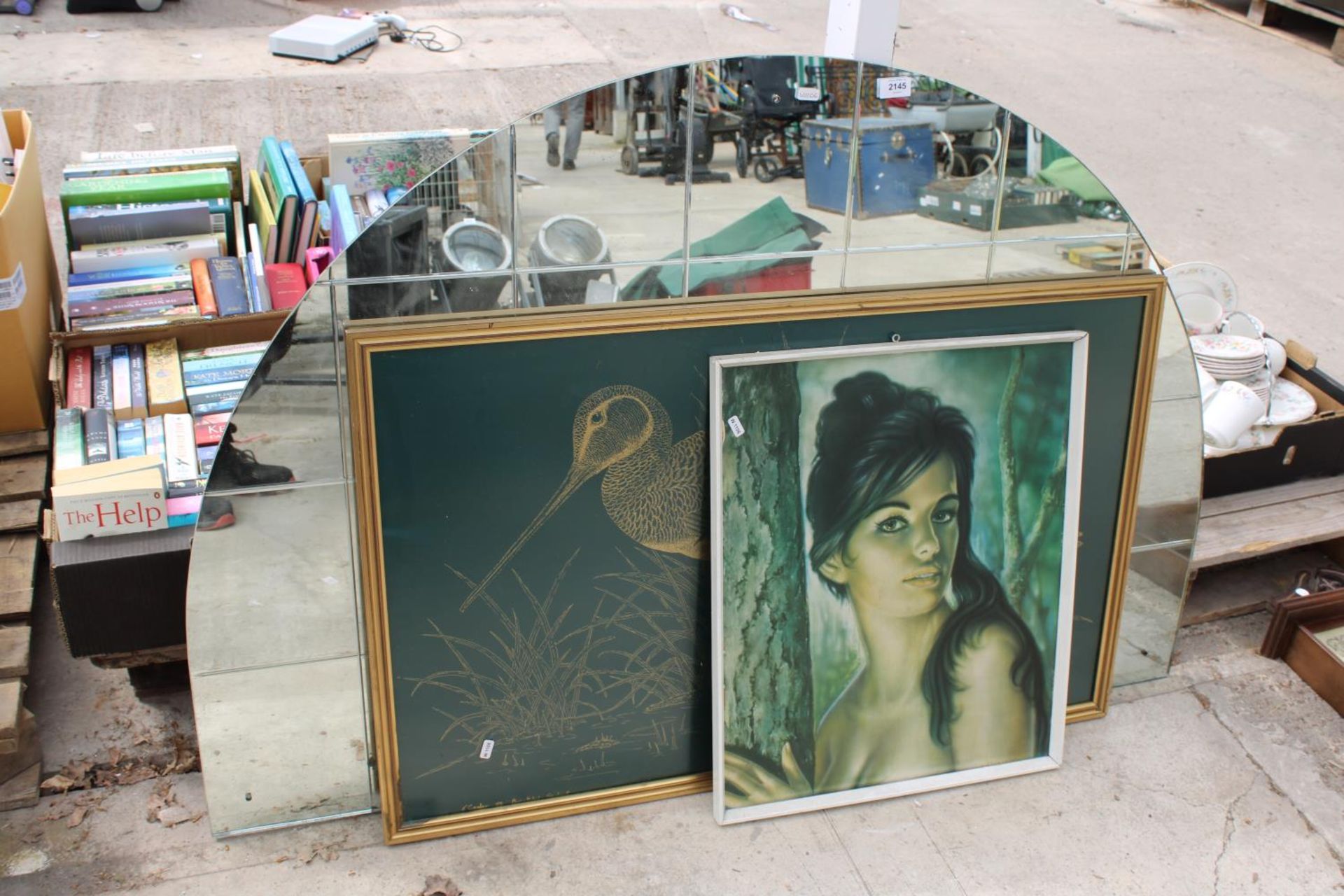 A DOME TOPPED MIRROR AND TWO PRINTS