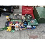 A LARGE ASSORTMENT OF ITEMS TO INCLUDE BOARD GAMES, A TACKLE BOX AND AN ARMY HIDEOUT ETC