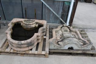 AN EXTREMELY LARGE AND HEAVY RECONSTITUTED STONE WATER FEATURE WITH LION HEAD DETAIL
