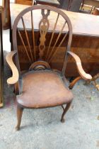 A MODERN WINDSOR STYLE ELBOW CHAIR WITH PIERCED SPLAT BACK ON CABRIOLE LEGS WITH CRINOLIN BOW