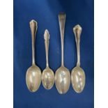 FOUR HALLMARKED SILVER SPOONS TO INCLUDE ONE PRE 1820 LONDON, TWO SHEFFIELD AND A BIRMINGHAM