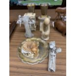 TWO CARRIAGE CLOCKS, A PAIR OF BRASS GOBLETS AND PLATE, A CAT FIGURE, ETC